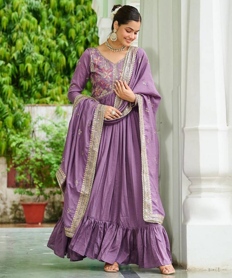 Lavender vichitra silk readymade anarkali suit with embroidery & sequin  work
