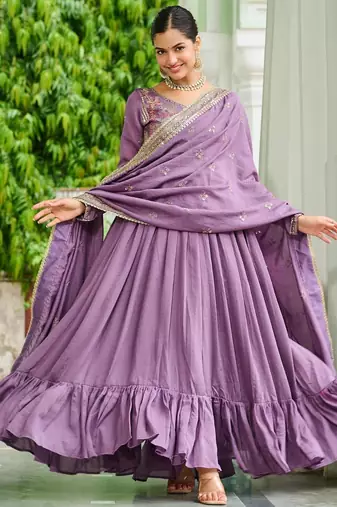 Lavender vichitra silk readymade anarkali suit with embroidery & sequin  work