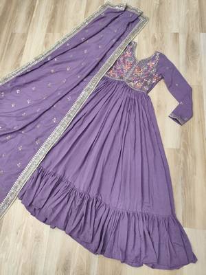 Lavender vichitra silk readymade anarkali suit with embroidery & sequin  work 3