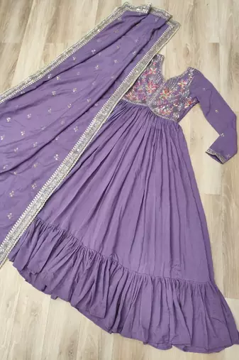 Lavender vichitra silk readymade anarkali suit with embroidery & sequin  work