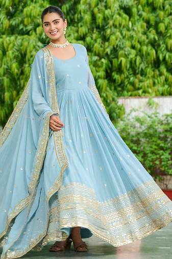 Blue Silk Readymade Anarkali Suit with Embroidery & Sequence Work