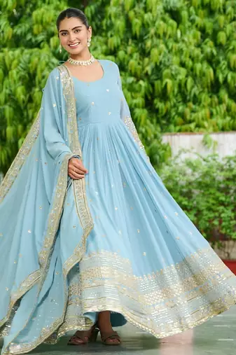 Blue silk readymade anarkali suit with embroidery & sequin  work