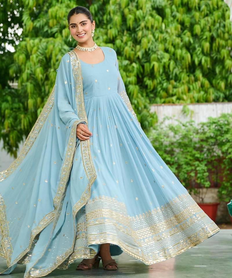 Blue silk readymade anarkali suit with embroidery & sequin  work