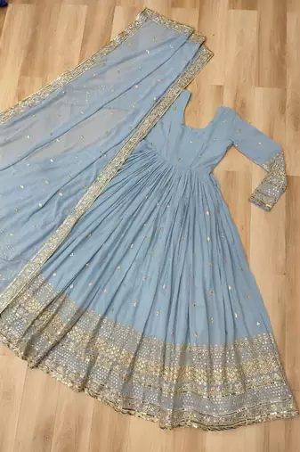 Blue silk readymade anarkali suit with embroidery & sequin  work