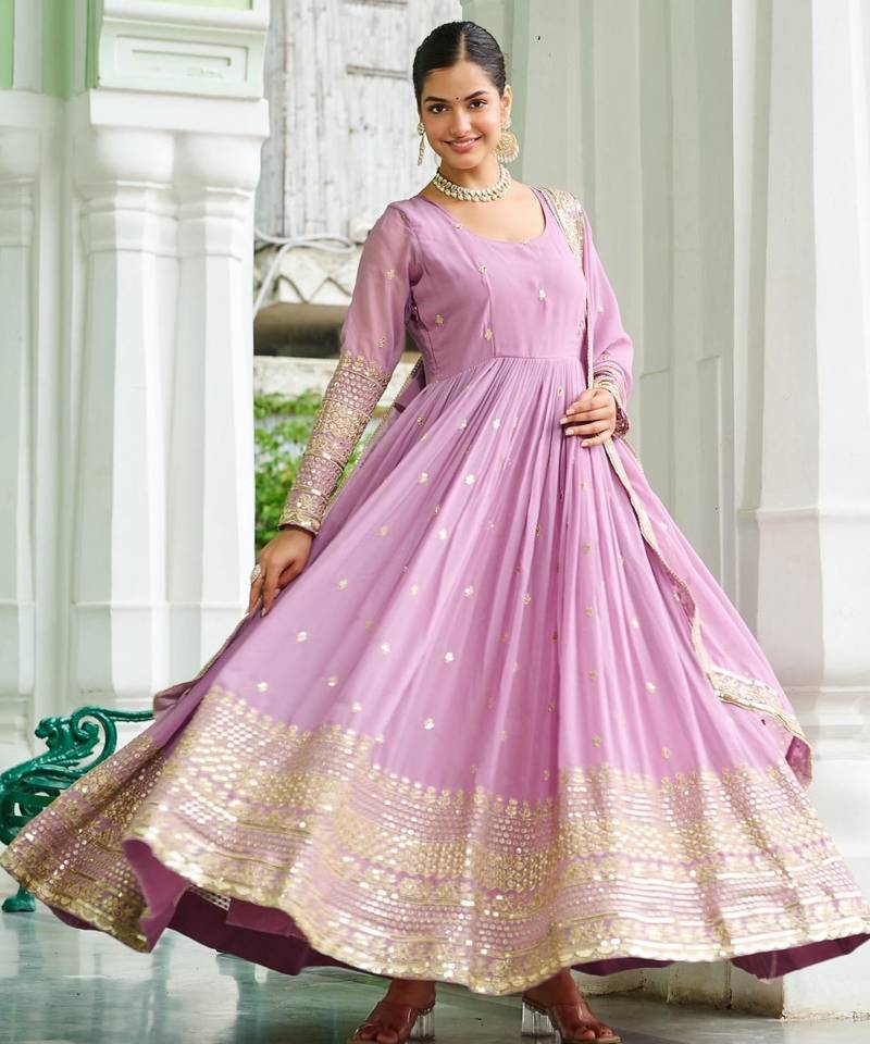 Lavender silk readymade anarkali suit with embroidery & sequin  work