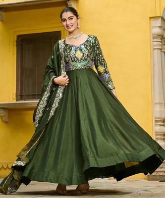 Mehendi vichitra silk readymade anarkali suit with thread embroidery work 1