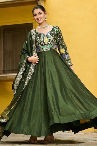 Mehendi vichitra silk readymade anarkali suit with thread embroidery work
