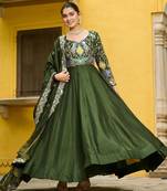 Mehendi vichitra silk readymade anarkali suit with thread embroidery work
