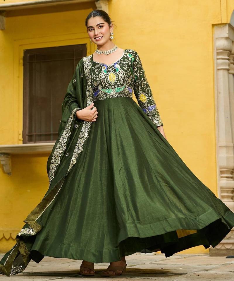 Mehendi vichitra silk readymade anarkali suit with thread embroidery work