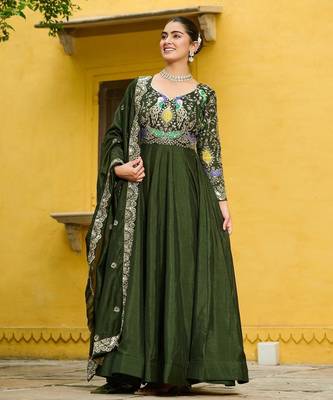 Mehendi vichitra silk readymade anarkali suit with thread embroidery work 2