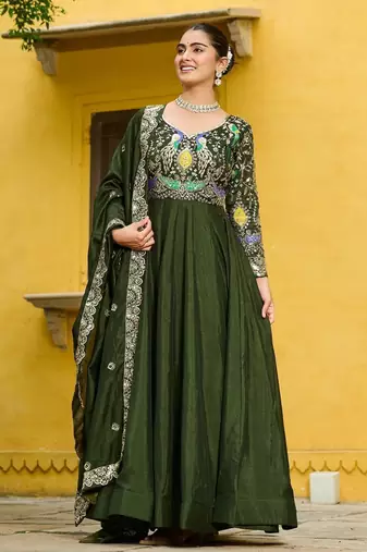 Mehendi vichitra silk readymade anarkali suit with thread embroidery work
