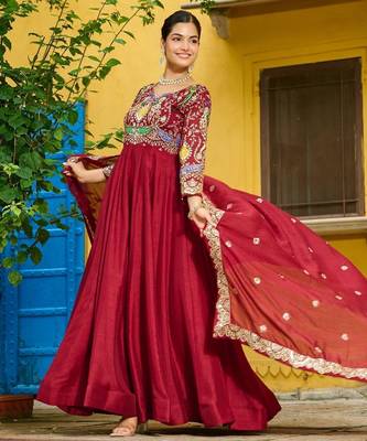 Maroon vichitra silk readymade anarkali suit with thread embroidery work 2