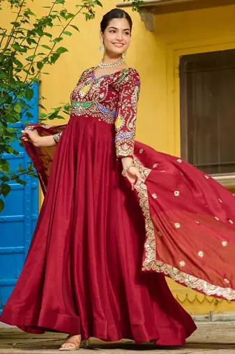 Maroon vichitra silk readymade anarkali suit with thread embroidery work