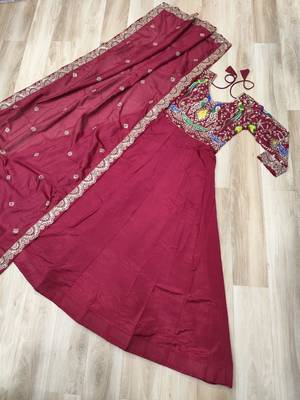 Maroon vichitra silk readymade anarkali suit with thread embroidery work 3
