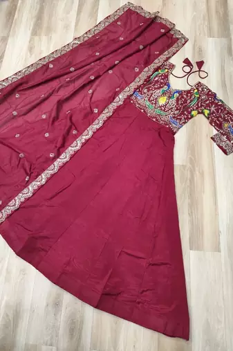 Maroon vichitra silk readymade anarkali suit with thread embroidery work