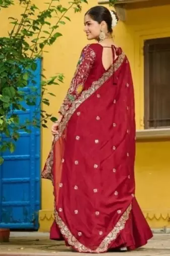 Maroon vichitra silk readymade anarkali suit with thread embroidery work