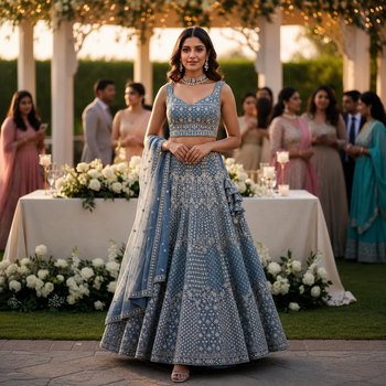 Dusty Blue Sequin Embroidered Lehenga Choli Set 1