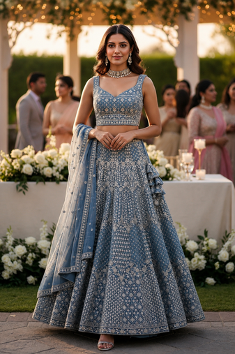 Dusty Blue Sequin Embroidered Lehenga Choli Set
