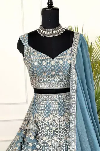Dusty Blue Sequin Embroidered Lehenga Choli Set