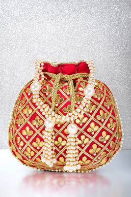 Red embellished potli bag ethnic wristlet purse for women 1