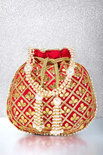 Red embellished potli bag ethnic wristlet purse for women
