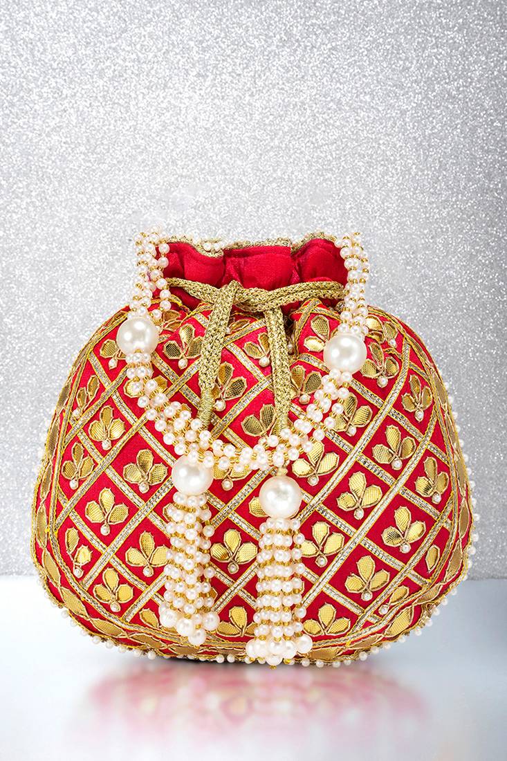 Red embellished potli bag ethnic wristlet purse for women