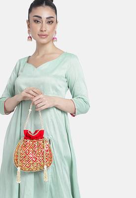 Red embellished potli bag ethnic wristlet purse for women 2