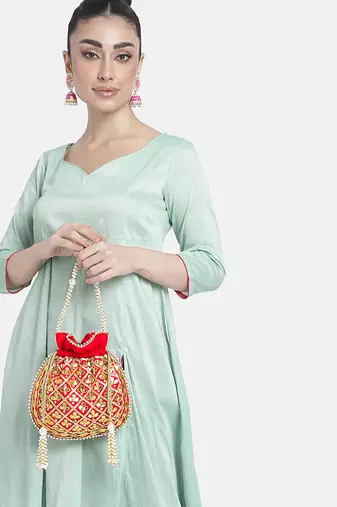 Red embellished potli bag ethnic wristlet purse for women