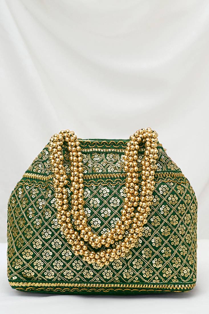 Green potli bag gift for women handmade evening wristlet handbag stylish bridal purse fashion bag