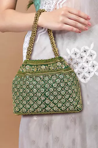 Green potli bag gift for women handmade evening wristlet handbag stylish bridal purse fashion bag
