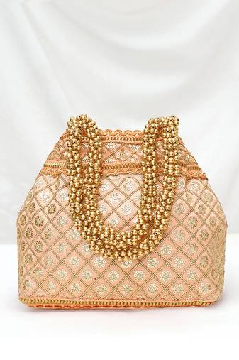 Peach potli style purse for women handmade evening bag ethnic bridal fashion wristlet bag