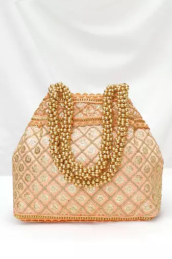 Peach potli style purse for women handmade evening bag ethnic bridal fashion wristlet bag