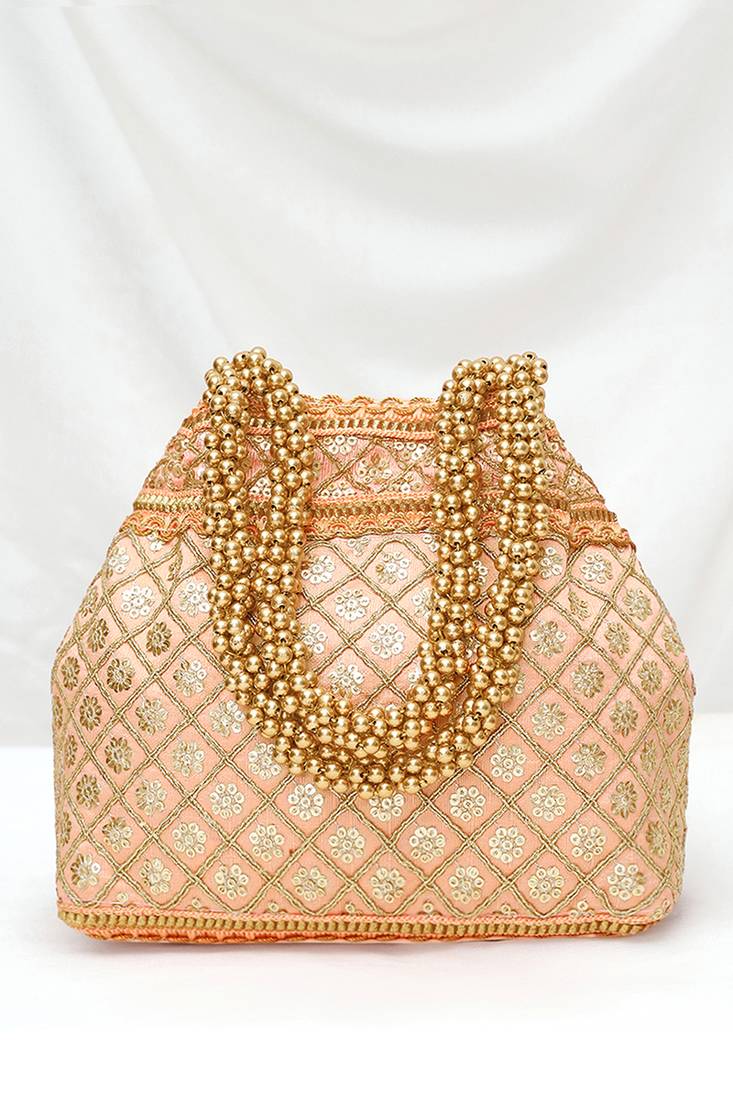 Peach potli style purse for women handmade evening bag ethnic bridal fashion wristlet bag