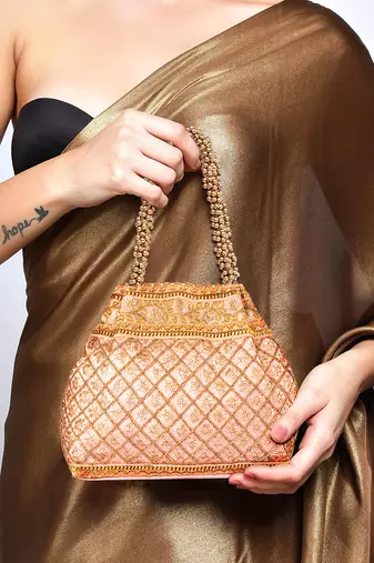 Peach potli style purse for women handmade evening bag ethnic bridal fashion wristlet bag