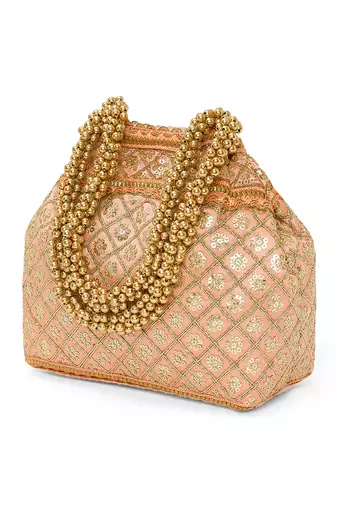 Peach potli style purse for women handmade evening bag ethnic bridal fashion wristlet bag