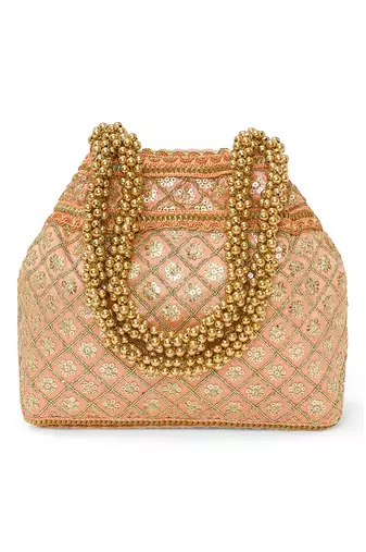 Peach potli style purse for women handmade evening bag ethnic bridal fashion wristlet bag