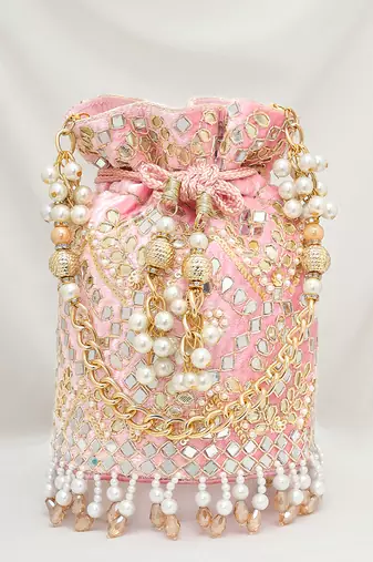Light pink embellished potli bag ethnic wristlet purse for women & girls