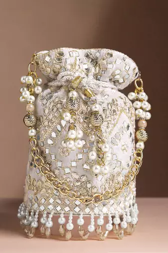 Golden white embellished potli bag ethnic wristlet purse for women & girls