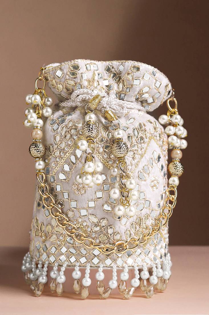 Golden white embellished potli bag ethnic wristlet purse for women & girls