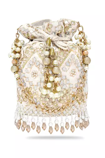 Golden white embellished potli bag ethnic wristlet purse for women & girls