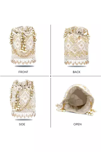Golden white embellished potli bag ethnic wristlet purse for women & girls