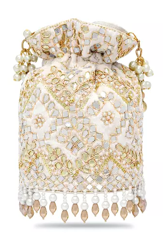 Golden white embellished potli bag ethnic wristlet purse for women & girls