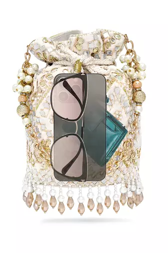 Golden white embellished potli bag ethnic wristlet purse for women & girls