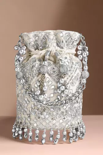 Silver white embellished potli bag ethnic wristlet purse for women & girls