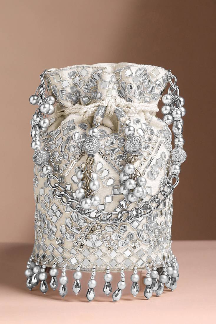 Silver white embellished potli bag ethnic wristlet purse for women & girls