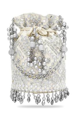 Silver white embellished potli bag ethnic wristlet purse for women & girls 2