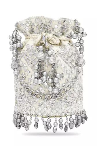Silver white embellished potli bag ethnic wristlet purse for women & girls