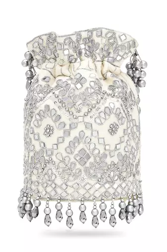 Silver white embellished potli bag ethnic wristlet purse for women & girls