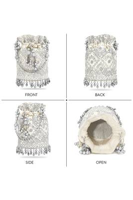 Silver white embellished potli bag ethnic wristlet purse for women & girls 5