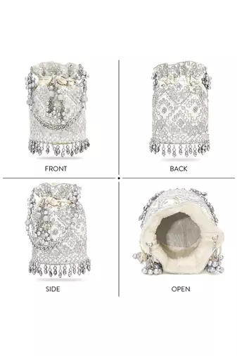 Silver white embellished potli bag ethnic wristlet purse for women & girls
